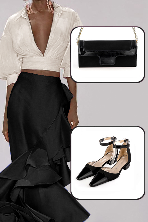 Women's gloss black and matt black elegant closed-back heels, with a strap around the ankle. Tapered toe. Low block heels - Top view